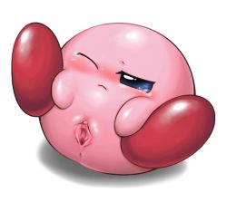 Rule 34 | 1girl, anus, blue eyes, blush, censored, clitoris, colored skin, feet, female focus, frown, half-closed eye, kirby, kirby (series), kurobedamu, legs up, lying, mons pubis, mosaic censoring, nintendo, no humans, on back, one eye closed, pink skin, pointless censoring, pussy, shy, simple background, solo, spread pussy, tearing up, white background