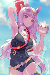 Rule 34 | 1girl, absurdres, animal ears, arm up, armpits, black one-piece swimsuit, blunt bangs, breasts, cleavage, closed mouth, earrings, eyewear on head, gold ship (run revolt launcher) (umamusume), gold ship (umamusume), highres, horse ears, horse girl, horse tail, jewelry, long hair, looking at viewer, one-piece swimsuit, resolution mismatch, solo, source larger, stella (stella), sunglasses, swimsuit, tail, umamusume