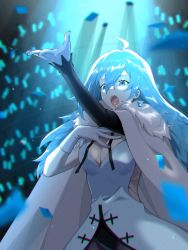 Rule 34 | 1girl, ahoge, asymmetrical gloves, blue eyes, blue hair, breasts, cape, cleavage, dress, earrings, elbow gloves, fur collar, gloves, hand on own chest, hands up, highres, hitotose rinne, idol, jewelry, large breasts, long hair, open mouth, single earring, single elbow glove, solo, sparkling eyes, teeth, uneven gloves, upper body, upper teeth only, very long hair, vivy, vivy: fluorite eye&#039;s song, white cape, white dress, white gloves
