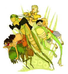 Rule 34 | black hair, bug, frog, goggles, grasshopper, green hair, hat, bug, monkey d. luffy, muscular, one piece, open clothes, open shirt, red vest, riding, roronoa zoro, sandals, shirt, shorts, smile, straw hat, sunglasses, usopp, vest, zipper