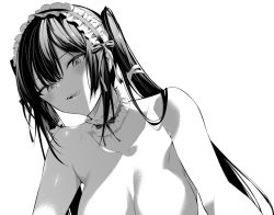 Rule 34 | 1girl, blush, breasts, choker, collarbone, frilled hairband, frills, greyscale, hairband, haitekudasai takamine-san, hiiragi yuuichi, licking lips, long hair, looking at viewer, monochrome, nude, open mouth, out-of-frame censoring, smile, solo, takamine takane, tongue, tongue out, twintails