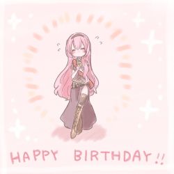 Rule 34 | 1girl, armband, belt, black shirt, black skirt, black thighhighs, blush, boots, closed eyes, commentary, cross-laced footwear, flying sweatdrops, full body, gold footwear, hairband, happy birthday, knee boots, lace-up boots, long hair, long skirt, megurine luka, pink background, pink hair, sash, shirt, short sleeves, side slit, skirt, solo, thighhighs, udoseku, very long hair, vocaloid