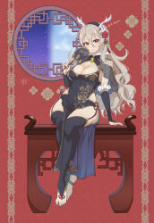 Rule 34 | 1girl, absurdres, alternate costume, barefoot, black dress, black gloves, black hairband, black thighhighs, breasts, bridal gauntlets, brooch, china dress, chinese clothes, cleavage cutout, closed mouth, clothing cutout, commentary request, corrin (female) (fire emblem), corrin (fire emblem), dress, elbow gloves, fingernails, fire emblem, fire emblem fates, flower, gloves, grey hair, hair between eyes, hair flower, hair ornament, hairband, highres, horn ornament, horns, jewelry, karashino, large breasts, lips, long hair, looking at viewer, nail polish, nintendo, pelvic curtain, pink lips, purple nails, red eyes, red flower, red rose, rose, see-through, sitting, sleeveless, sleeveless dress, slit pupils, smile, solo, stirrup legwear, tassel, thighhighs, thighs, toeless legwear