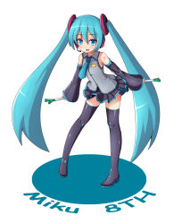 Rule 34 | 1girl, aqua eyes, aqua hair, black footwear, boots, character name, detached sleeves, full body, hatsune miku, headset, highres, kaiyi, long hair, necktie, open mouth, simple background, skirt, solo, spring onion, thigh boots, thighhighs, twintails, very long hair, vocaloid, white background, zettai ryouiki