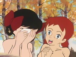 Rule 34 | anne of green gables, anne shirley, autumn leaves, black hair, bow, breast covered, breasts, breasts out, crying, crying with eyes open, diana barry, grey eyes, highres, medium breasts, obscured, open mouth, own hands clasped, red bow, red hair, tears, third-party edit