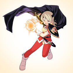 Rule 34 | armor, black cape, boots, brown background, brown eyes, brown hair, cape, cosplay, energy ball, gradient background, idolmaster, idolmaster cinderella girls, jacket, lina inverse, lina inverse (cosplay), long hair, morikubo nono, open mouth, pants, pauldrons, red jacket, red pants, ringlets, short sleeves, shoulder armor, slayers, standing, standing on one leg, uccow, wavy mouth, white footwear