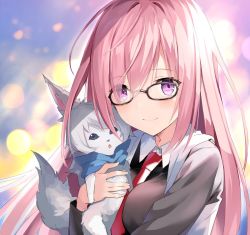 Rule 34 | 1girl, alternate hair length, alternate hairstyle, black-framed eyewear, black dress, bow, bowtie, breasts, collared dress, creature, dress, eyes visible through hair, fate/grand order, fate (series), fou (fate), grey jacket, hair over one eye, hood, hood down, hooded jacket, hug, jacket, light purple hair, light smile, long hair, long sleeves, looking at viewer, mash kyrielight, necktie, open clothes, open jacket, purple eyes, red neckwear, rin yuu, sideways glance, smile, solo, uniform, upper body