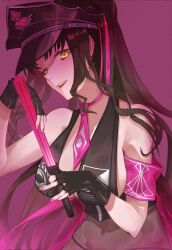 Rule 34 | 1girl, bikini, black bikini, black gloves, black hair, black hat, bodystocking, breasts, chaldea logo, commentary, covered navel, cowboy shot, earrings, fate/grand order, fate (series), fingerless gloves, fingernails, forehead tattoo, gloves, hat, highres, holding baton, jewelry, large breasts, long hair, looking at viewer, minako larima, multicolored hair, necktie, open mouth, peaked cap, pink armband, pink background, pink hair, pink nails, pink necktie, police hat, ponytail, sessyoin kiara, sessyoin kiara (swimsuit mooncancer), sessyoin kiara (swimsuit mooncancer) (second ascension), sidelocks, simple background, smile, solo, star (symbol), star earrings, streaked hair, swimsuit, teeth, traffic baton, upper teeth only, very long hair, yellow eyes
