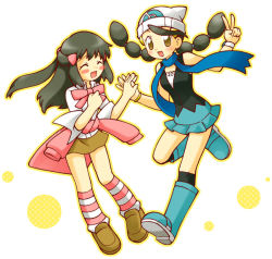 Rule 34 | 2girls, ^ ^, alternate color, alternate costume, beanie, black hair, black socks, blouse, blue footwear, blue scarf, blush, boots, bow, braid, candice (pokemon), candice (pokemon) (cosplay), cardigan, cardigan around waist, closed eyes, clothes around waist, collared shirt, cosplay, costume switch, creatures (company), dawn (pokemon), dawn (pokemon) (cosplay), full body, game freak, gym leader, hat, holding hands, kneehighs, loose socks, miniskirt, multi-tied hair, multiple girls, nintendo, pink bow, pokemon, pokemon dppt, rubber boots, scarf, shirt, simple background, skirt, sleeveless, sleeveless shirt, sleeves rolled up, smile, socks, striped clothes, striped legwear, striped socks, sweater, sweater around waist, twin braids, v, white background, white hat, white shirt, yellow eyes