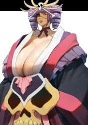 Rule 34 | 1girl, black background, bleach, bleach: zanpakutou ibun hen, blue eyes, breasts, cleavage, collarbone, curvy, drill hair, eyepatch, ghostdoctor, gigantic breasts, hair ornament, highres, huge breasts, japanese clothes, katen kyoukotsu, lipstick, looking at viewer, makeup, mature female, neck ribbon, nipples, personification, purple hair, purple lips, ribbon, skull, skull hair ornament, smile, solo, two-tone background, white background