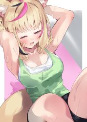 Rule 34 | 1girl, animal ears, bike shorts, black hair, blonde hair, blush, breasts, casual, cleavage, exercising, closed eyes, fox ears, fox tail, hololive, long hair, multicolored hair, omaru polka, one eye closed, open mouth, pink hair, purple eyes, sit-up, solo, streaked hair, sweat, tail, tank top, tsushi, virtual youtuber