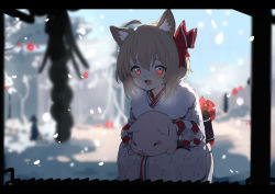 Rule 34 | 1girl, ahoge, alternate costume, animal, animal ears, blonde hair, blurry, blurry background, blurry foreground, cat ears, day, depth of field, fang, fur trim, hair between eyes, hatsumoude, highres, holding, holding animal, japanese clothes, kemonomimi mode, kimono, leaning forward, looking at viewer, new year, obi, open mouth, outdoors, pig, red eyes, rope, rumia, sash, sh (shinh), smile, snow, snowing, solo, touhou, white kimono, winter