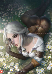 Rule 34 | 1girl, boots, breasts, brown gloves, brown pants, ciri, cleavage, daisy, elbow gloves, flower, gloves, green eyes, looking at viewer, medium breasts, medium hair, olesyaspitz, on grass, outdoors, pants, shirt, solo, the witcher (series), the witcher 3, white flower, white hair, white shirt, witcher medallion