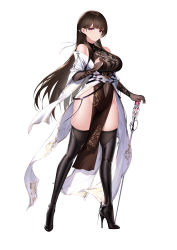 Rule 34 | 1girl, absurdres, an yasuri, bare shoulders, black thighhighs, blunt bangs, breasts, bridal gauntlets, brown gloves, brown hair, cane, china dress, chinese clothes, commentary request, dress, elbow gloves, full body, gloves, hair ribbon, high heels, highres, large breasts, long hair, looking at viewer, off shoulder, original, pelvic curtain, pink eyes, revision, ribbon, simple background, sleeveless, sleeveless dress, solo, standing, thighhighs, thighs, very long hair, white background, white ribbon