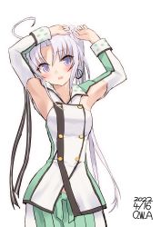 Rule 34 | 1girl, ahoge, akitsushima (kancolle), armpit cutout, artist name, buttons, clothing cutout, commentary request, dated, double-breasted, green skirt, grey hair, hair ribbon, highres, kantai collection, long hair, military, military uniform, one-hour drawing challenge, owa (ishtail), pleated skirt, purple eyes, ribbon, side ponytail, simple background, skirt, solo, uniform, white background