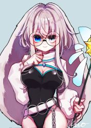 Rule 34 | 1girl, animal ears, belt, blue background, blue eyes, breasts, chain, commission, commissioner upload, glasses, heterochromia, highres, ikuo 0306, indie virtual youtuber, large breasts, leotard, looking at viewer, rabbit ears, rabbit girl, skeb commission, smile, solo, usagi mizuno, virtual youtuber, wand, white hair, yellow eyes