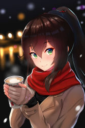Rule 34 | 1girl, black hair, blurry, blurry background, blush, breasts, bright pupils, brown coat, brown gloves, chinese commentary, closed mouth, coat, coffee cup, commentary request, cup, disposable cup, fingerless gloves, fingernails, from side, gloves, green eyes, hair between eyes, hair ornament, hair stick, heart, highres, holding, holding cup, long hair, long sleeves, looking at viewer, medium breasts, nail polish, nekoda (maoda), night, open clothes, open coat, original, outdoors, pink nails, red scarf, scarf, sidelocks, smile, solo