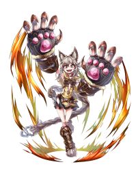 Rule 34 | 10s, 1girl, animal ears, breasts, claw (weapon), claws, collar, erune, gloves, granblue fantasy, hair between eyes, highres, kakaobataa, long hair, looking at viewer, open mouth, orange eyes, sen (granblue fantasy), silver hair, simple background, skirt, small breasts, smile, solo, weapon, white background