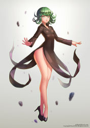 Rule 34 | 1girl, absurdres, black dress, black footwear, breasts, collared dress, curly hair, dress, flipped hair, floating, floating rock, full body, green eyes, green hair, high heels, highres, legs, levitation, lips, long dress, no socks, one-punch man, popped collar, pudin, side slit, small breasts, solo, tatsumaki