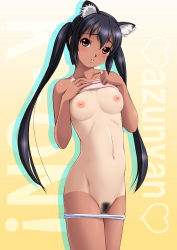 Rule 34 | 1girl, absurdres, animal ears, black hair, breasts, brown eyes, cat ears, clothes lift, dragon@harry, female pubic hair, highres, k-on!, long hair, nakano azusa, nipples, no bra, one-piece tan, panties, panty pull, pubic hair, shirt lift, solo, tan, tanline, twintails, underwear