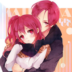 Rule 34 | 10s, 1boy, 1girl, :o, blush, brother and sister, character name, free!, hands in opposite sleeves, head tilt, hetero, hug, hug from behind, long sleeves, looking at viewer, matsuoka gou, matsuoka rin, parted lips, red eyes, red hair, scarf, siblings, solo focus, tsurime, tukino (panna), unmoving pattern, v-shaped eyebrows