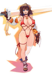 Rule 34 | 1girl, armor, bare shoulders, bikini, bikini armor, blue eyes, breasts, brown hair, carrying over shoulder, covered erect nipples, full body, gloves, hair ornament, highres, huge weapon, jewelry, large breasts, leg ribbon, looking at viewer, mugen no fantasia, navel, necklace, o-ring, o-ring bikini, ribbon, ryoji (nomura ryouji), short hair, single thighhigh, slingshot swimsuit, solo, swimsuit, sword, thigh ribbon, thigh strap, thighhighs, weapon, white thighhighs