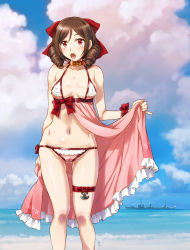 Rule 34 | 1girl, alternate costume, anchor, bikini, blue sky, bow, breasts, brown hair, cloud, cloudy sky, day, destroyer, drill hair, hair between eyes, hair bow, harukaze (kancolle), kantai collection, looking at viewer, military, military vehicle, navel, ocean, red bow, red eyes, sameha ikuya, ship, sky, small breasts, solo, swimsuit, twin drills, warship, watercraft