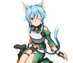 Rule 34 | 1girl, ;), animal ears, armor, black footwear, black ribbon, black shorts, blue eyes, blue hair, blush, boots, breastplate, cat ears, cat tail, hair between eyes, hair ribbon, looking at viewer, midriff, navel, one eye closed, ribbon, short hair with long locks, short shorts, shorts, sidelocks, sinon (sao-alo), sitting, slit pupils, smile, solo, sword art online, tail, thigh strap, transparent background