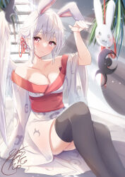 Rule 34 | absurdres, animal ears, black thighhighs, breasts, cleavage, collarbone, commentary request, eyelashes, feathered wings, grey hair, highres, japanese clothes, kimono, kishin sagume, long sleeves, looking at viewer, medium breasts, niko kusa, print kimono, rabbit ears, red eyes, single wing, smile, thighhighs, touhou, wide sleeves, wings