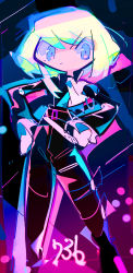 Rule 34 | 1boy, abstract, abstract background, androgynous, ascot, biker clothes, colorful, frills, green hair, highres, lio fotia, promare, short hair, suzuka g