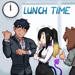 Rule 34 | 1boy, 2girls, black hair, black jacket, black necktie, black pants, blonde hair, blushyspicy, breasts, brown hair, clock, closed mouth, collared shirt, from side, grey shirt, jacket, large breasts, long sleeves, medium hair, multicolored hair, multiple girls, necktie, office workers (blushyspicy), orange eyes, pants, pink eyes, pointy ears, shirt, shirt tucked in, short hair, smile, twintails, two-tone hair, watch, wristwatch