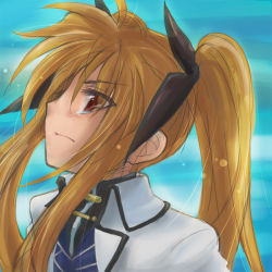 Rule 34 | &gt;:(, 00s, 1girl, blonde hair, brown hair, closed mouth, collar, dress, expressionless, fate testarossa, frown, kajikawa yahiro, lyrical nanoha, mahou shoujo lyrical nanoha, mahou shoujo lyrical nanoha strikers, profile, red eyes, solo, tears, twintails, upper body, v-shaped eyebrows, white dress