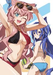 2girls ahoge bare_legs bare_shoulders bikini blue_bikini blue_eyes blue_hair blush breasts cleavage hair_between_eyes hair_ornament huge_breasts jagaimo_(kakkoiiosi5) kazanari_tsubasa large_breasts layered_bikini long_hair looking_at_viewer maria_cadenzavna_eve medium_breasts midriff multiple_girls navel o-ring o-ring_bikini o-ring_top one_side_up open_mouth pink_hair purple_eyes senki_zesshou_symphogear smile solo swimsuit very_long_hair