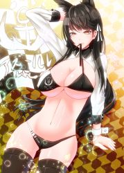 Rule 34 | 1girl, animal ears, atago (azur lane), atago (stunning speedster) (azur lane), azur lane, bikini, black hair, breasts, checkered background, checkered flag, cleavage, commentary request, covered erect nipples, flag, fuyuki jun, hair ribbon, highres, large breasts, lips, long hair, looking at viewer, mole, mole under eye, ribbon, sleeve cuffs, solo, sparkle, swimsuit, thighhighs, two-tone bikini, yellow eyes