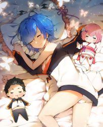 Rule 34 | 10s, 1girl, aged down, ayami (annahibi), bare arms, bare shoulders, bed sheet, blue hair, blurry, borrowed clothes, breasts, bug, butterfly, character doll, closed eyes, closed mouth, depth of field, eyelashes, frilled pillow, frills, glowing butterfly, hair ornament, hairband, highres, insect, jacket, light particles, medium breasts, natsuki subaru, no headwear, no pants, on bed, panties, pants, pillow, ram (re:zero), re:zero kara hajimeru isekai seikatsu, rem (re:zero), ribbon-trimmed legwear, ribbon trim, shade, short hair, siblings, sisters, smile, solo, swept bangs, tears, track jacket, track pants, underwear, unworn hairband, unworn jacket, white panties, x hair ornament