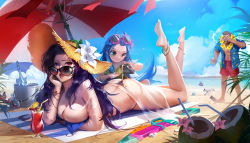 Rule 34 | 1boy, 3girls, anklet, artist request, ass, bangle, barefoot, beach, bikini, blue bikini, blue sky, bracelet, breasts, caitlyn (league of legends), cleavage, coconut, day, eyewear on head, flower, flower necklace, gangplank (league of legends), hat, hat flower, head rest, highres, horizon, jewelry, large breasts, league of legends, lips, looking at viewer, looking over eyewear, looking over glasses, lulu (league of legends), lying, multiple girls, necklace, on stomach, open mouth, outdoors, parted bangs, pool party caitlyn, pool party gangplank, pool party lulu, pool party zoe, purple eyes, purple hair, sand, see-through, sky, string bikini, sun hat, sunglasses, swimsuit, tanning oil, thong, thong bikini, tinted eyewear, untied bikini, zoe (league of legends)