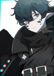Rule 34 | 1boy, arknights, black hair, black shirt, blue background, blue eyes, chromatic aberration, closed mouth, eyebrows hidden by hair, faust (arknights), hair between eyes, highres, looking at viewer, male focus, pointy ears, shirt, solo, tetuw, two-tone background, white background