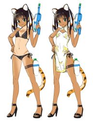 Rule 34 | 1girl, animal ears, bikini, black bikini, black footwear, bottle, brown hair, china dress, chinese clothes, closed mouth, dress, fang, fang out, finger on trigger, green eyes, hand on own hip, hand up, high heels, holding, holding water gun, kawakami rokkaku, leg strap, looking at viewer, multiple views, one-piece tan, original, pelvic curtain, side-tie bikini bottom, side slit, simple background, smile, standing, striped tail, swimsuit, tail, tan, tanline, thigh strap, tiger ears, tiger girl (kawakami rokkaku), tiger tail, twintails, water bottle, water gun, white background