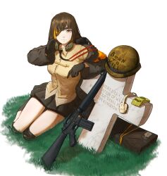 Rule 34 | 1girl, absurdres, assault rifle, black gloves, black skirt, brown hair, collared shirt, commentary, commission, ear protection, english commentary, english text, eyepatch, full body, full metal jacket, girls&#039; frontline, gloves, grass, gun, helmet, highres, jacket, knee pads, looking at viewer, m16, m16a1, m16a1 (girls&#039; frontline), combat helmet, multicolored hair, open clothes, open jacket, pinup (style), pleated skirt, rifle, scar, scar on face, shirt, sitting, skirt, solo, streaked hair, thighs, tombstone, van duck iii, weapon, yellow shirt