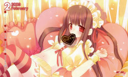 Rule 34 | 1girl, absurdres, brown hair, flat chest, frilled pillow, frills, heart, heart-shaped pillow, highres, hinayuki usa, long hair, midriff, navel, pillow, red eyes, socks, solo, striped clothes, striped socks, striped thighhighs, thighhighs