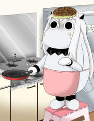 Rule 34 | (o) (o), 10s, abyssal ship, apron, comic, commentary, cooking, cosplay, food, food on face, food on head, horns, jewelry, kantai collection, kitchen, long hair, md5 mismatch, mittens, moomin, muppo, naked apron, northern ocean hime (cosplay), northern ocean princess, object on head, okonomiyaki, resolution mismatch, sazanami konami, standing on object, step, stool, stove, translated