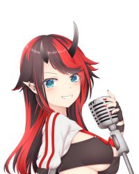 Rule 34 | 1girl, arm strap, bikini, black bikini, black hair, blue eyes, blush, breasts, commentary request, compression sleeve, demon girl, demon horns, ear piercing, grin, highres, holding, holding microphone, horns, jacket, large breasts, long hair, looking at viewer, looking to the side, microphone, multicolored hair, nail polish, nanashi inc., official alternate costume, piercing, pointy ears, red hair, red nails, rin (0917608), ryugasaki rene, ryugasaki rene (2nd costume), shrug (clothing), simple background, smile, solo, striped clothes, striped jacket, sugar lyric, swimsuit, transparent background, two-tone hair, underboob, upper body, virtual youtuber, white jacket