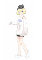 Rule 34 | 1girl, absurdres, animal slippers, black shorts, blonde hair, blue eyes, breasts, brown dust 2, bunny slippers, full body, highres, justia (brown dust), knit hat, light blush, looking at viewer, open mouth, shirt, short hair, shorts, simple background, slippers, small breasts, solo, standing, standing on one leg, user cgsz7737, walking, white background, white shirt