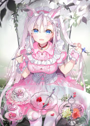 Rule 34 | 1girl, animal ears, blue eyes, blush, breasts, choker, collarbone, commentary, corset, cowboy shot, cup, dappled sunlight, day, dress, english commentary, flower, fork, from above, glass table, glass teapot, hair ornament, headdress, highres, holding, holding fork, holding spoon, hoshii hisa, long hair, looking at viewer, medium breasts, open mouth, original, outdoors, pink dress, red choker, silver hair, sitting, smile, solo, spoon, sunlight, table, teacup, thighhighs, twintails, very long hair, white thighhighs, zettai ryouiki