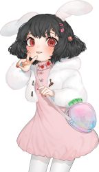 Rule 34 | 1girl, :p, animal ears, bad id, bad twitter id, bag, black hair, blush, bow, candy, carrot, commentary request, cowboy shot, dress, drop shadow, food, fur jacket, gotou (nekocat), hair ornament, hairclip, hand up, heart, heart hair ornament, highres, hood, hooded jacket, inaba tewi, jacket, lollipop, long sleeves, looking at viewer, nail polish, pantyhose, pink bow, pink dress, rabbit ears, red eyes, red nails, short dress, short hair, simple background, smile, solo, standing, tongue, tongue out, touhou, v, white background, white jacket, white pantyhose