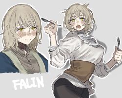 Rule 34 | 1girl, black pants, blue jacket, blunt bangs, blush, character name, commentary, drooling, dungeon meshi, falin touden, fangs, feathers, fork, grey shirt, highres, holding, holding fork, holding spoon, jacket, light brown hair, medium hair, nahnohk, open mouth, outline, pants, shirt, sparkling eyes, spoilers, spoon, sweat, upper body, white outline, white shirt, yellow eyes