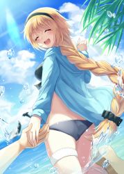 Rule 34 | 1girl, :d, ^ ^, ass, bikini, black bikini, black hairband, blonde hair, blue jacket, blue sky, blush, braid, brown footwear, closed eyes, commentary request, day, dolphin, dutch angle, facing viewer, fate/grand order, fate (series), hair ornament, hair scrunchie, hairband, hand up, highres, holding hands, hood, hooded jacket, igayan, jacket, jeanne d&#039;arc (fate), jeanne d&#039;arc (swimsuit archer) (fate), jeanne d&#039;arc (swimsuit archer) (first ascension) (fate), long braid, long hair, long sleeves, ocean, open clothes, open jacket, open mouth, orca, outdoors, palm tree, pov, running, sandals, scrunchie, single braid, sky, smile, solo focus, swimsuit, thigh strap, thighs, tree, very long hair, water drop