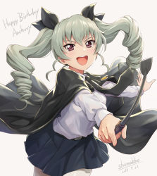 Rule 34 | 10s, 1girl, :d, anchovy (girls und panzer), artist name, belt, black cape, black necktie, black ribbon, blue skirt, cape, character name, cowboy shot, dated, drill hair, fingernails, girls und panzer, grey background, grey hair, hair ribbon, happy birthday, holding, holding riding crop, leaning forward, long hair, long sleeves, looking at viewer, necktie, open mouth, outstretched arms, pantyhose, pointing, pointing at viewer, purple eyes, ribbon, riding crop, round teeth, shamakho, shirt, simple background, skirt, smile, solo, teeth, twin drills, twintails, upper teeth only, v-shaped eyebrows, white pantyhose, white shirt