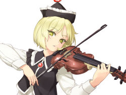 Rule 34 | 1girl, blonde hair, bow (music), dress shirt, hat, instrument, long sleeves, looking at viewer, lunasa prismriver, music, parted lips, playing instrument, rokuwata tomoe, shirt, short hair, simple background, solo, touhou, upper body, vest, violin, white background, white shirt, yellow eyes