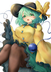 Rule 34 | 1girl, :d, absurdres, ass, black hat, black pantyhose, blush, bow, breasts, feet out of frame, frilled shirt collar, frilled sleeves, frills, green eyes, green hair, green skirt, hair between eyes, hat, heart, heart of string, highres, komeiji koishi, long sleeves, open mouth, pantyhose, poke200, ribbon, shirt, short hair, simple background, skirt, sleeves past fingers, sleeves past wrists, smile, solo, third eye, touhou, white background, wide sleeves, yellow bow, yellow ribbon, yellow shirt